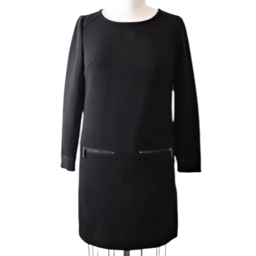 Madewell black round neck pullover zipper front pockets sheath 3/4 sleeves dress